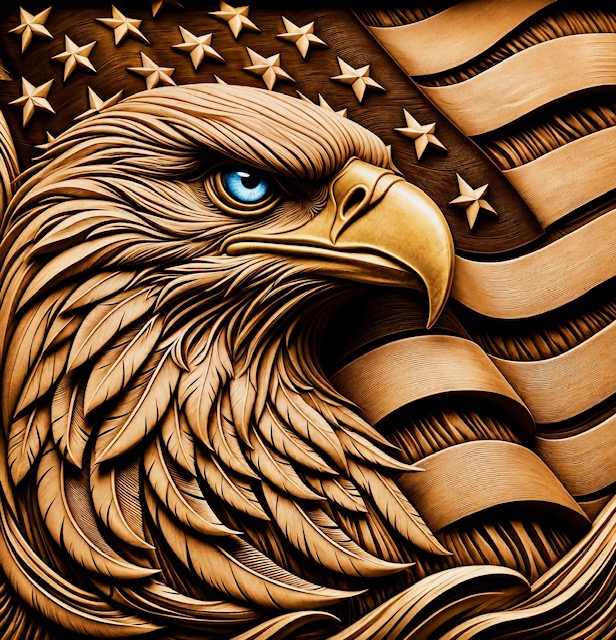 Carved bald eagle artwork with an American flag, ice-blue eye and gold beak