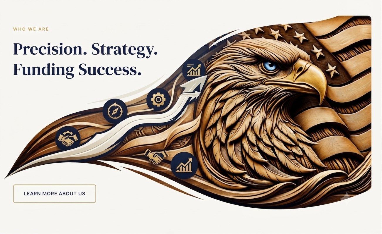 Precision. Strategy. Funding Success. Bald Eagle Enterprise Consulting is a strategic funding partner that builds the roadmap connecting your mission to the right funding, illustrated by a carved bald eagle rising along a strategy path.